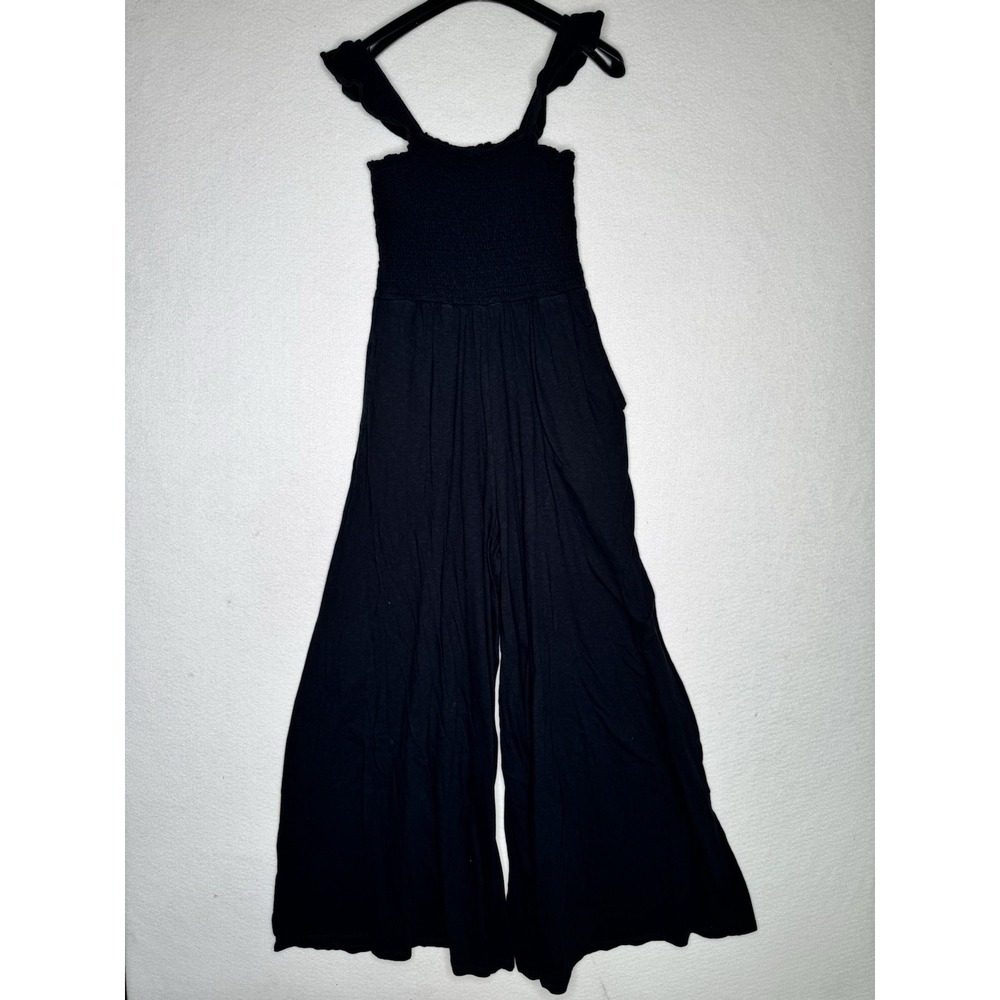 Size S Aerie Black Smocked Wide Leg Halter Jumpsuit Romper Pockets